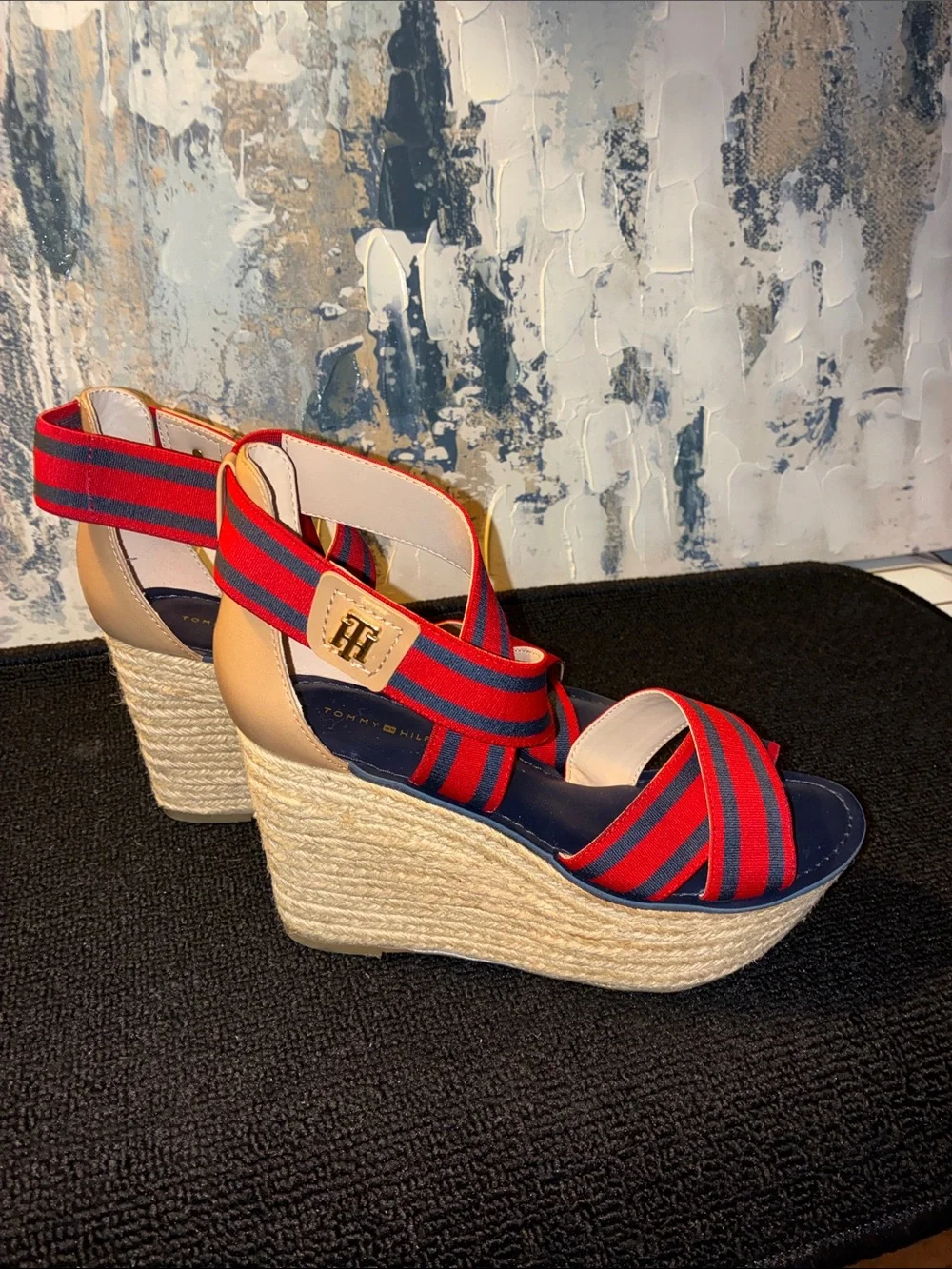 NWT Tommy Hilfiger Red & Navy Striped Espadrille Wedge Sandals Size 7.5